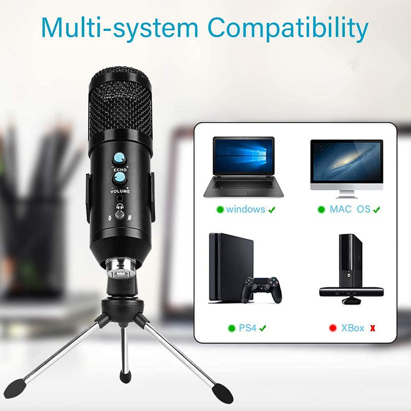 Condenser Microphones Multipurpose, USB PC Gaming Microphone Plug and Play Compatible with Foldable Tripod Stand For PC Laptop Desktop Computer Broadcasting Meeting Voice Overs and Streaming