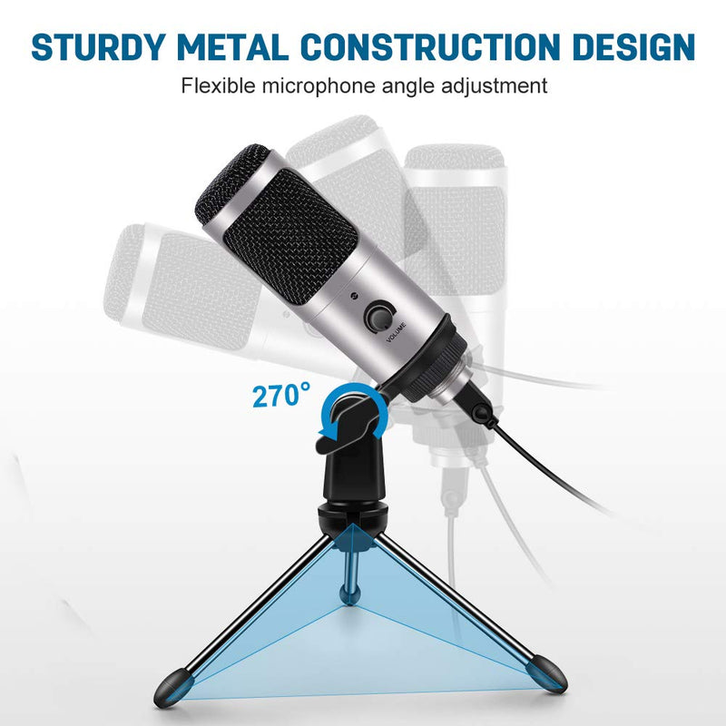 USB Condenser Microphone, Metal Streaming Computer Mic with Volume Control Tripod Stand for Podcasting Vocal  Recording YouTube Skype Twitch Discord, Silver