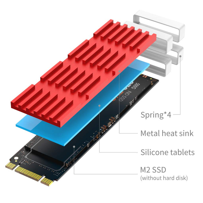 AOJUE Universal M.2 Heatsink NVME Heatsink SSD Heatsink Cooler for 2280 M.2 SSD with Silicone Thermal Pad (red) red