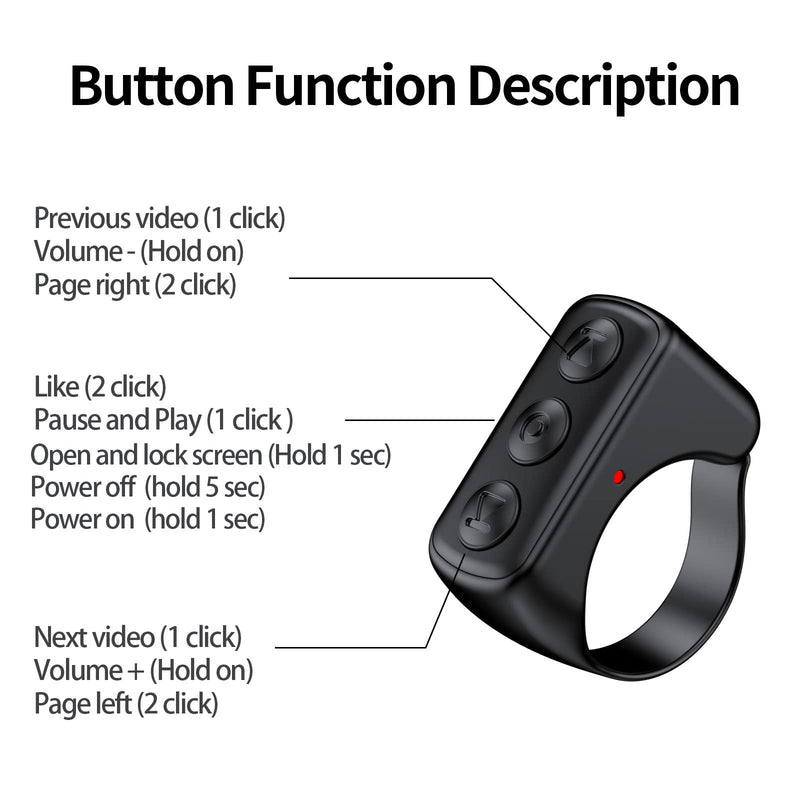TIK Tok Bluetooth Remote Control Page Turner TikTok Kindle App Remote Scrolling Ring clicker for iPhone iPad Camera Remote Shutter Selfie Button (Black) Black