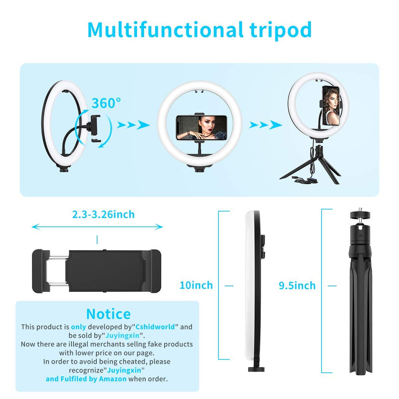 10.2'' Selfie Ring Light with Tripod Stand & Phone Holder - Upgraded Dimmable Camera Ring Light with Makeup Mirror for TikTok/YouTube/Live Stream/Makeup/Photography Compatible with iPhone Android Gray