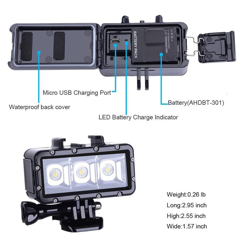 Suptig Diving Light High Power Dimmable Waterproof LED Video Light Fill Night Light Diving Underwater Light Waterproof 147ft(45m) for Gopro Hero 6/5/5S/4/4S/3+/2/SJCAM SJ4000/SJ5000/YI Action