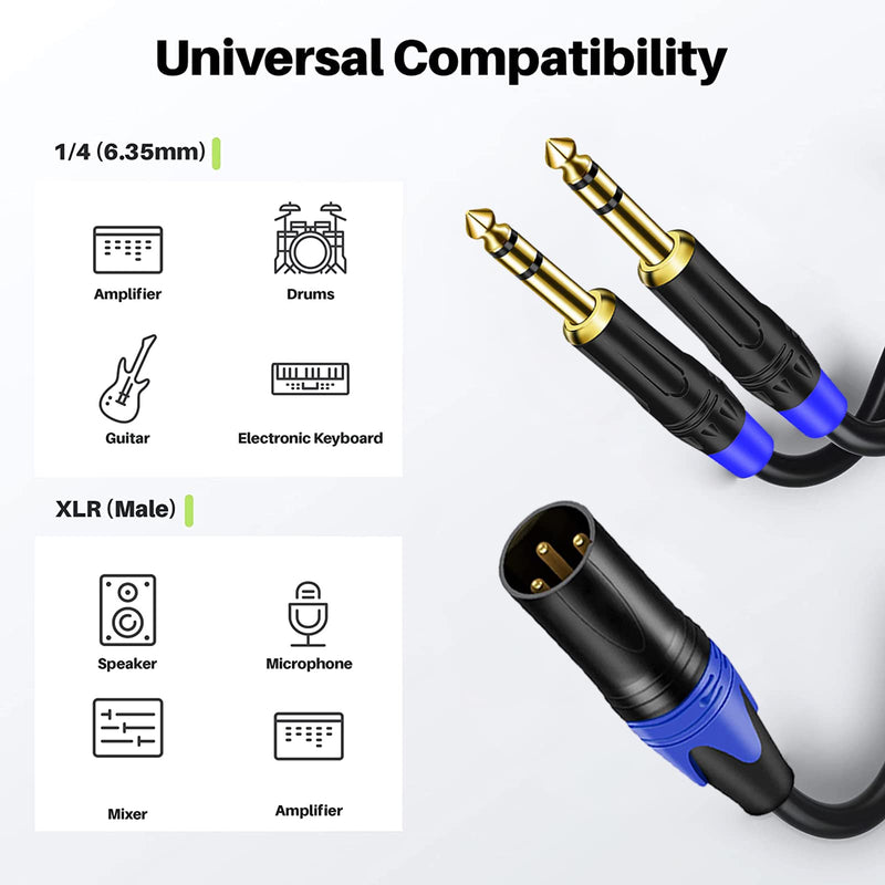 3-Pin XLR Male to Dual 6.35mm 1/4'' TS Mono Microphone Patch Cable, Male XLR to Double 6.35mm TS Y Splitter Converter Cable, Dual 1/4 Inch Mono to XLR Male Mic Audio Adapter Cord for Mixe- (11.8 inch)
