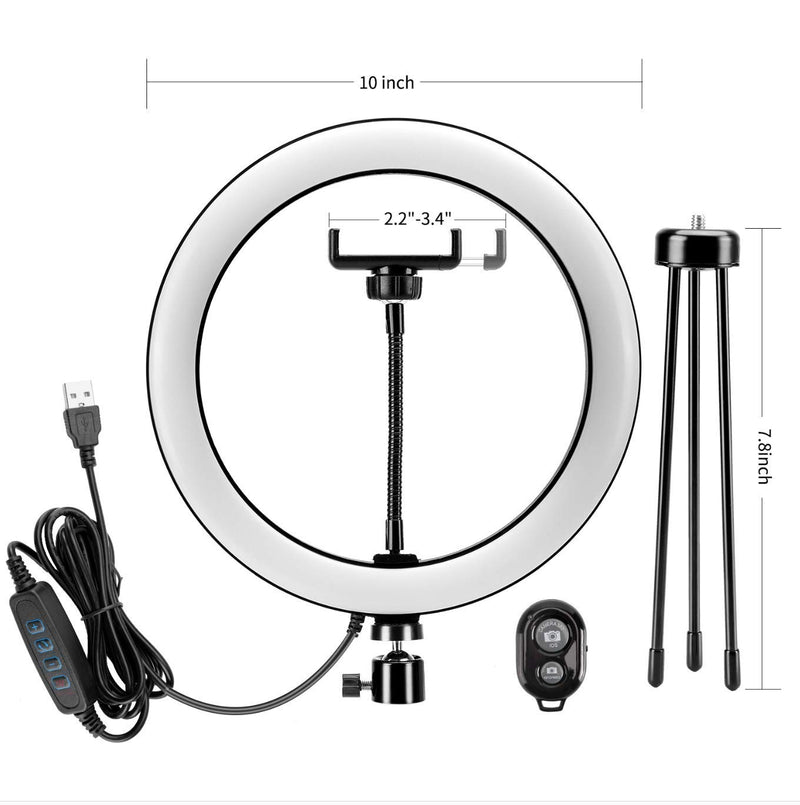 LED Ring Light 10" with Adjustable Tripod Stand & Shutter Remote, Desk Makeup Selfie Ringlight Phone Holder with 3 Light Modes 10 Brightness Level for YouTube, Tiktok, Live Stream, Photography
