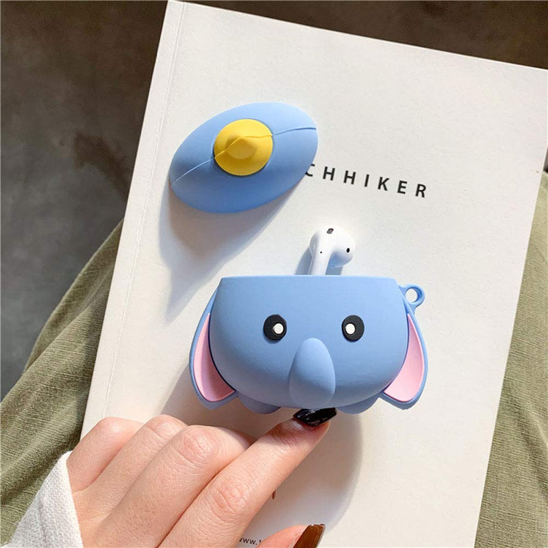 TOU-BEGUIN Wireless Charging Earphone Case, Vivid Cute 3D Blue Elephant Design Headset Skin, Soft Silicone Anti-fall Shockproof Full Body Protective Cover For Airpods Pro With Hook