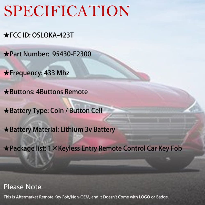 Key Fob Remote Replacement Fits for 2016 2017 2018 2019 2020 Hyundai Elantra OSLOKA-423T Keyless Entry Remote Control 95430-F2300 433MHz