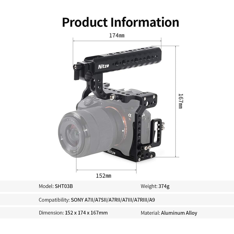 NITZE A7III/A7RIII Camera Cage for Sony A7III/A7RIII with Top Handle and HDMI Cable Clamp - SHT03B Cage with Top Handle-SHT03B