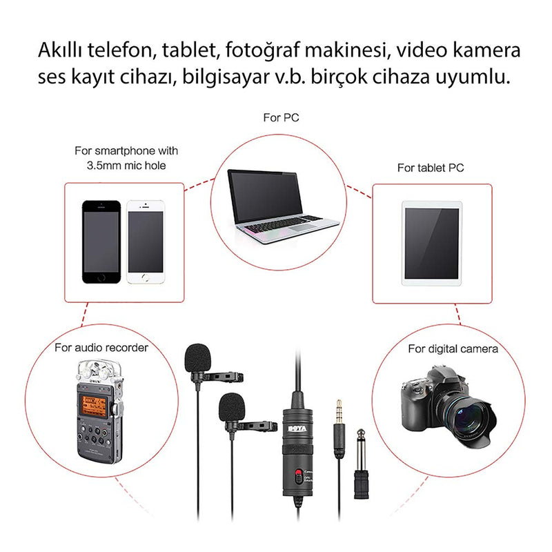 boya-mic BY-M1DM Dual Lavalier Universal Microphone Omni-Directional Clip-on Lapel Mic with a 1/8" Stereo Connector for iPhone Samsung Smartphones Canon Nikon DSLR Cameras - Updated Version of by-M1 Multi Use