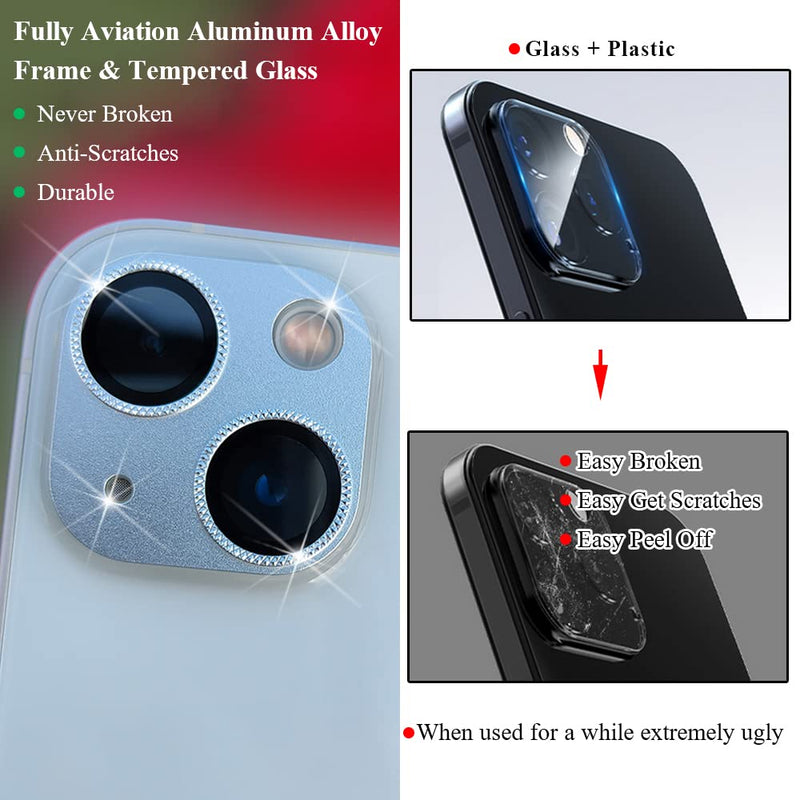 JOLOJO 2 Pack Camera Lens Protector Compatible for iPhone 13/13 Mini, Aluminum Alloy Metal & 9H Tempered Glass Shock/Water-Proof,Shatter/Scratch-Resistant,Case Friendly - Silvery