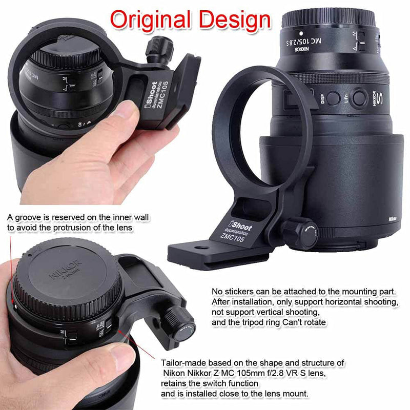 iShoot Lens Collar Tripod Mount Ring Socket Compatible with Nikon Nikkor Z MC 105mm f/2.8 VR S, Metal Lens Support Holder Bracket Bottom is Arca-Swiss Fit Quick Release Plate Dovetail Groove