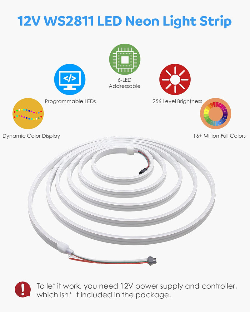[AUSTRALIA] - Aclorol 16.4FT LED Neon Rope Lights Addressable LED Strip Neon Sign Flexible Pixels Light RGB Dream Color Rainbow WS2811 DC12V 5M Waterproof for DIY Bedroom Wall Wedding Party Bars Advertising Signs 