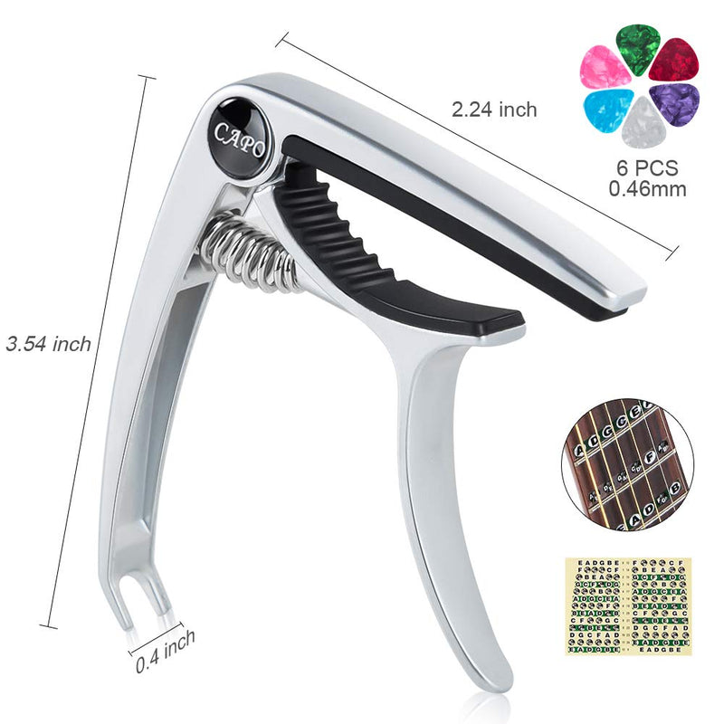 Guitar Capo for Acoustic and Electric Guitar, No Buzz No Damage and Easy to Change, with Guitar Fretboard Stickers, Premium Ukulele Capo Suit for Mandolin, Banjo and Bass, Silver