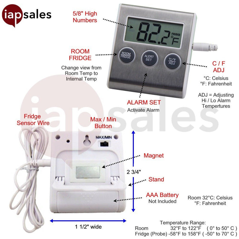 Easy to Read: Refrigerator Freezer Thermometer Alarm, High & Low Temperature Alarms Settings