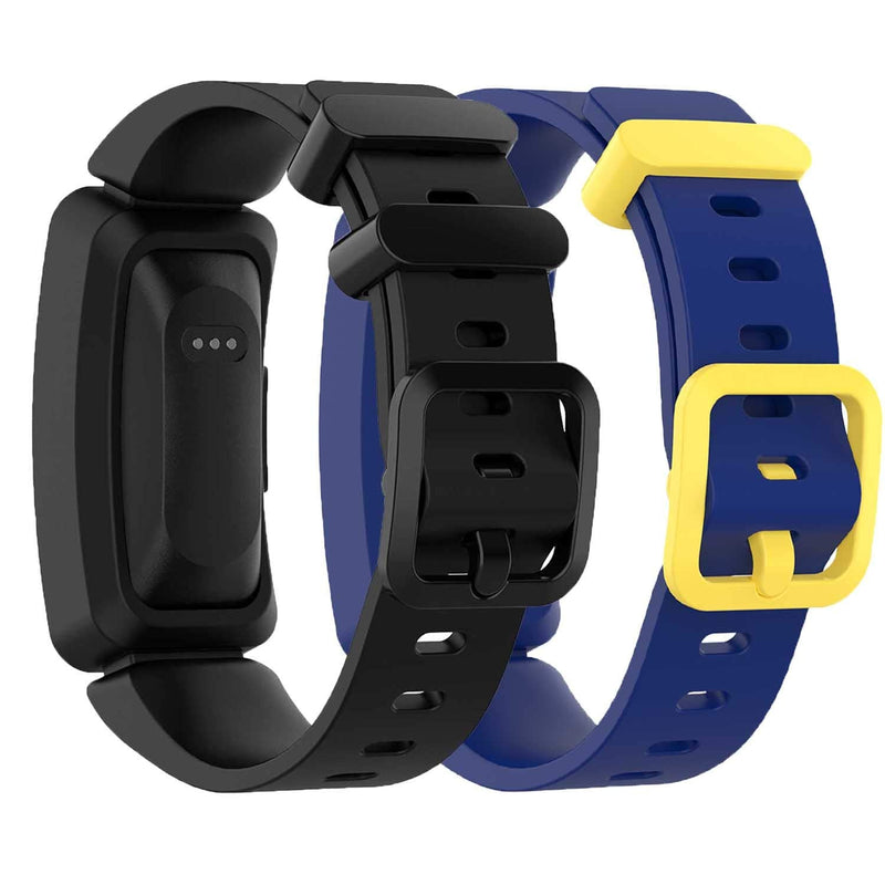 GVFM Compatible with Fitbit Ace 2 Bands for Kids 6+, Soft Silicone Waterproof Bracelet Accessories Sport Strap Boys Girls bands Compatible for Fitbit Ace 2 2-Black, Blue (Yellow Fastener Ring)