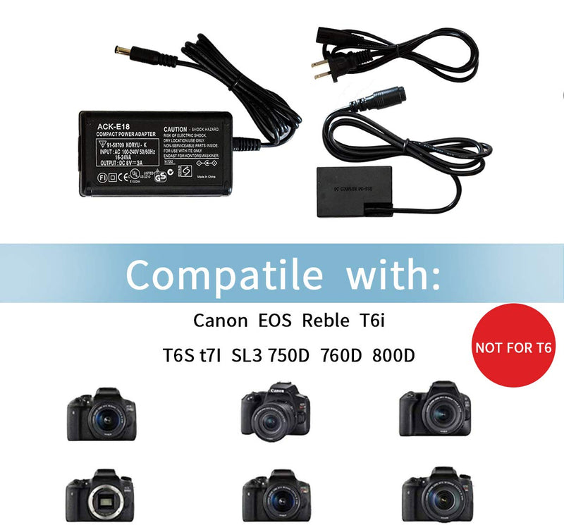 KUTENG ACK-E18 AC Power Adapter Charger DR-E18 DC Coupler kit Compatible with Canon EOS RP / EOS77D / 800D / 760D / 750D / 200D II / 200D / 900D / 8000D / Kiss X9i / X8i Camera Black