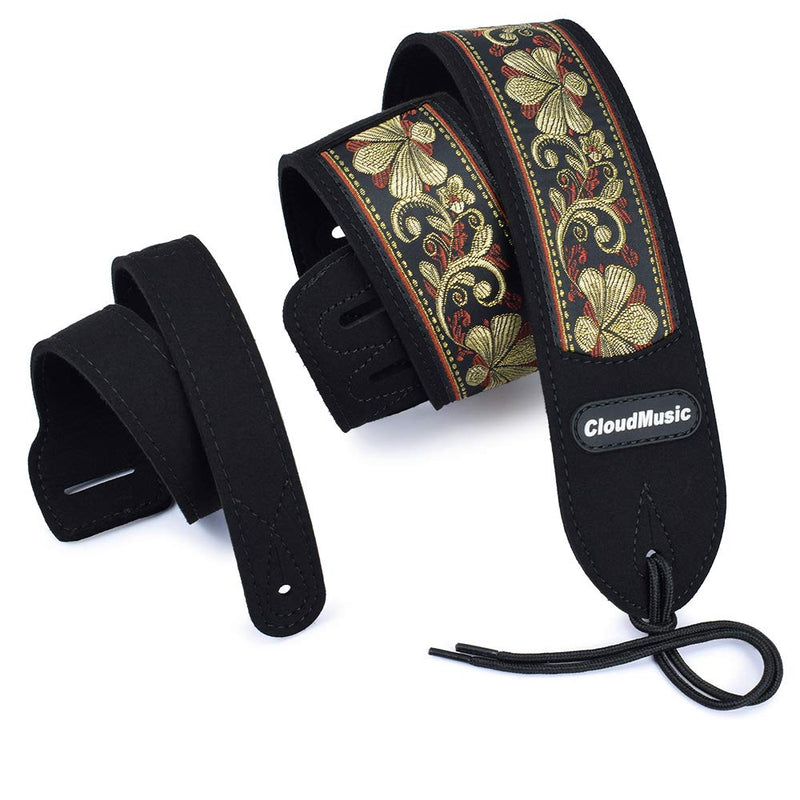 CLOUDMUSIC Vegan Guitar Strap Micro Fiber Leather Vegan Leather With Vintage Embroidered Pattern Guitar Strap Locks Free (Vintage Brown) Vintage Brown
