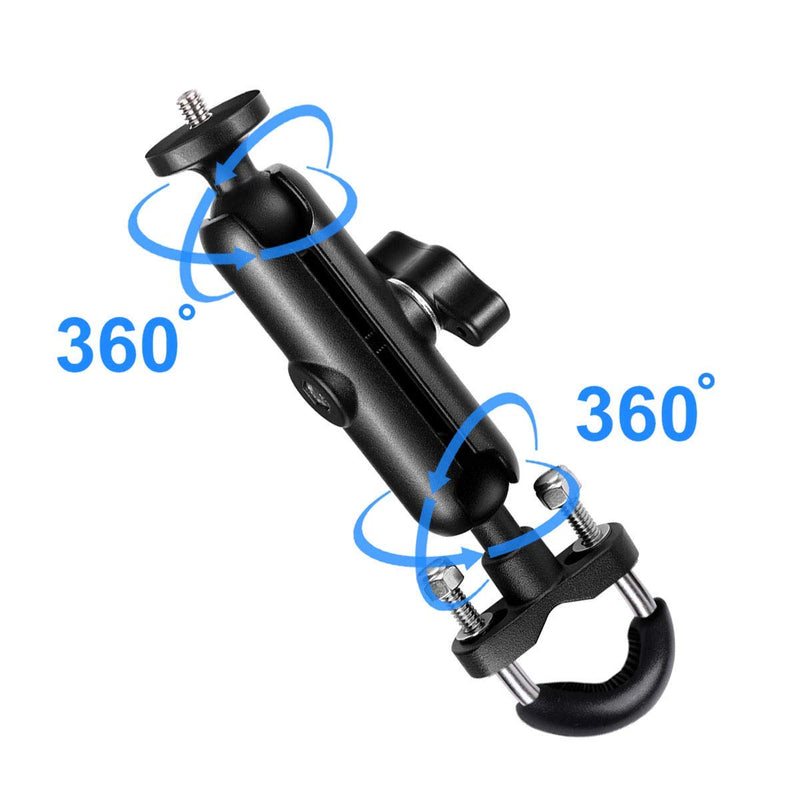 WADAHEFA 360° Rotating Bicycle and Motorcycle Handlebar mounting Bracket, with 1/4 Screw Double Ball Head Aluminum Alloy Clamping arm, for GoPro Hero9/8/7/6/5/sport Camera Accessories.