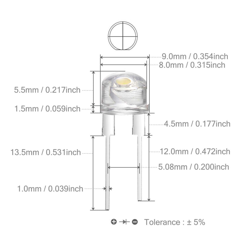 Chanzon 50 pcs 8mm White LED Diode Lights (Straw Hat Clear Transparent DC 3V 250mA) Bright Lighting Bulb Lamps Electronics Components Indicator Light Emitting Diodes A) White (50pcs)