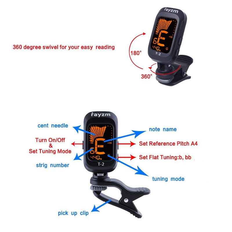 Rayzm Guitar Tuner, Clip-on Tuner for Chromatic/Guitar/Bass/Ukulele/Violin, Large Note Name on Clear LCD Screen for Easy Reading, Calibrated Pitch, Battery Included, Auto Power Off