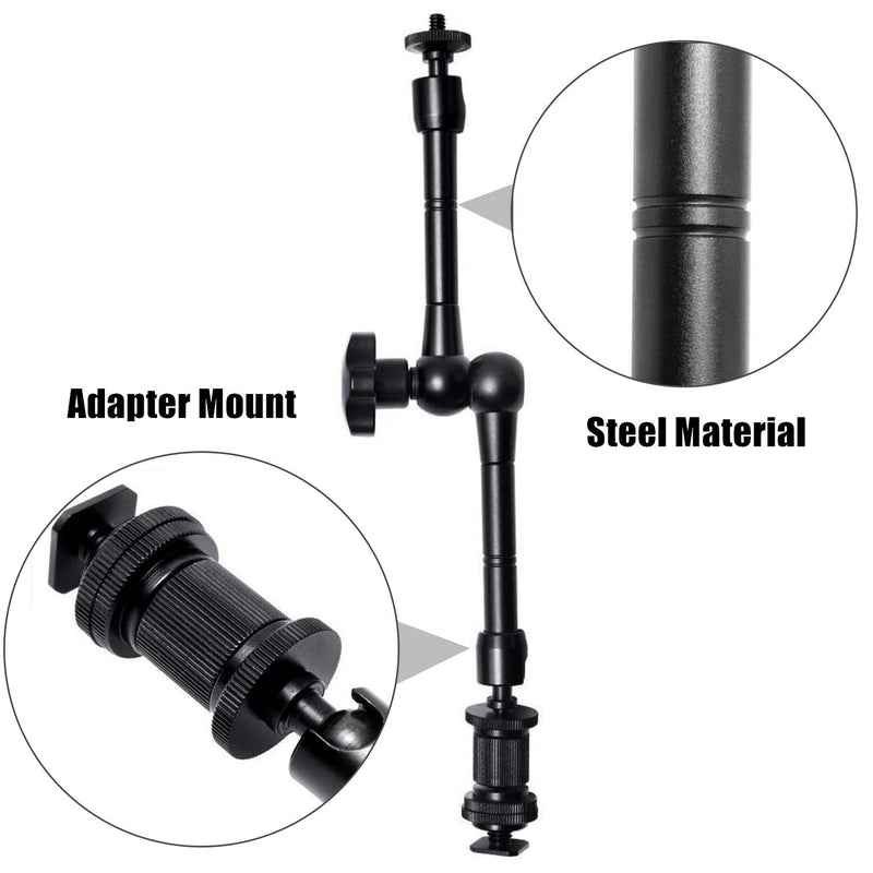 WANBY 11 Inch Articulating Friction Magic Arm Adjustable w/Hot Shoe Mount 1/4'' Tripod Screw for Camera Rig, LCD Monitor, LED Flash Lights (11'Arm & Clip)