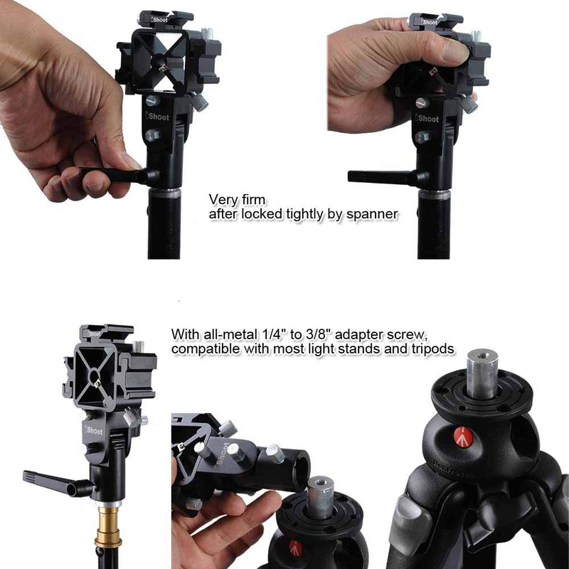 Universal 3-in-1 Tri-Hot Shoe Mount Flash Bracket Holder with 2 Umbrella Hole for Light Stand Camera Tripod Reflective Umbrella Studio Flash Soft Box Speedlite Diffuser