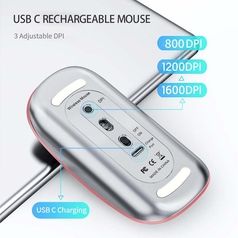 [AUSTRALIA] - Uiosmuph Wireless Mouse, USB C Rechargeable Computer Mouse, Slim Silent Mice 2.4GHz Optical with USB Nano Receiver and Type C Receiver for Laptop/Mac/PC Rose Gold 