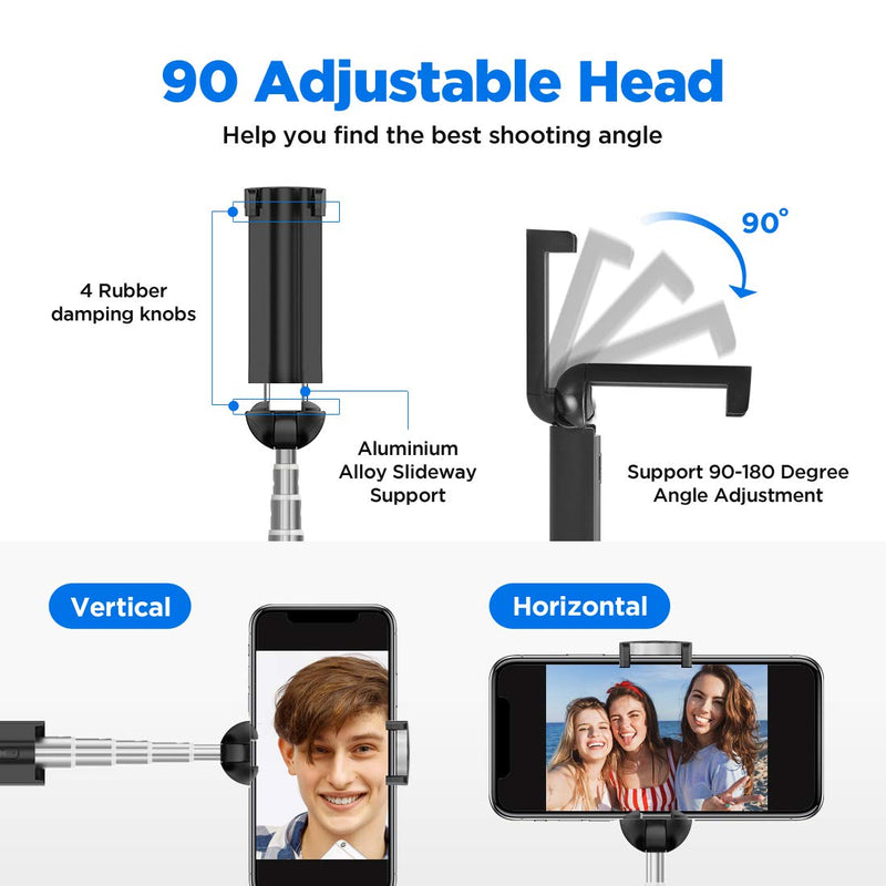 Actto Bluetooth Selfie Stick, Lightweight Aluminum All in One Extendable Selfie Sticks Compact Design for iPhone 12, 11 Pro Max/12, 11 Pro/12, 11/XS/XS Max/XR/X, Galaxy S10/S9/S8/S7/S6/Note. Black