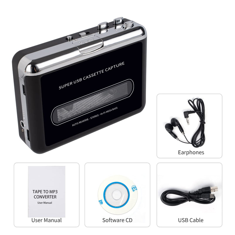 [AUSTRALIA] - PETELLA Portable Cassette Player USB Cassette Tape Player Captures Mp3 Audio Music, Cassette to Mp3 Converter Compatible with Laptops and Personal Computers Black-1 
