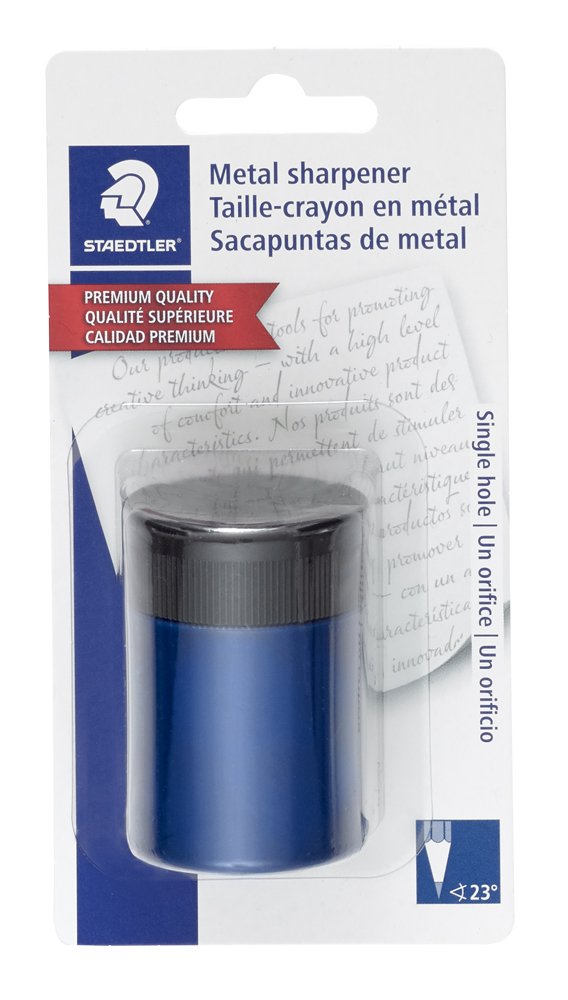 STAEDTLER pencil sharpener, premium quality sharpener with screw-on lid, prevents accidental openings, compact size for pencil case and work-station, 511 63BK (Pack of 1) , Assorted colors. 1 Pack