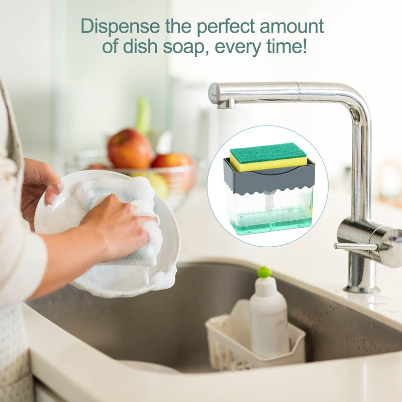 AmazeFan Soap Pump Dispenser and Sponge Holder, 2 in 1 One Hand Soap Pump and Sponge Caddy, Durable and Easy to Clean for Kitchen, Bathroom, Dishwashing, Taps, with 3 Sponges Soap Dispenser with 3 Pack Sponges