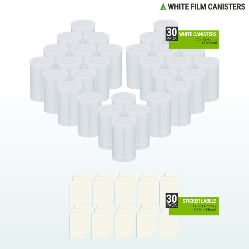 Firgus Film Canisters 30 Pack White with Caps for Rockets Plastic Empty Container for 35mm Camera Film Roll or Science Experiments with Bonus Pack of 30 White Labels