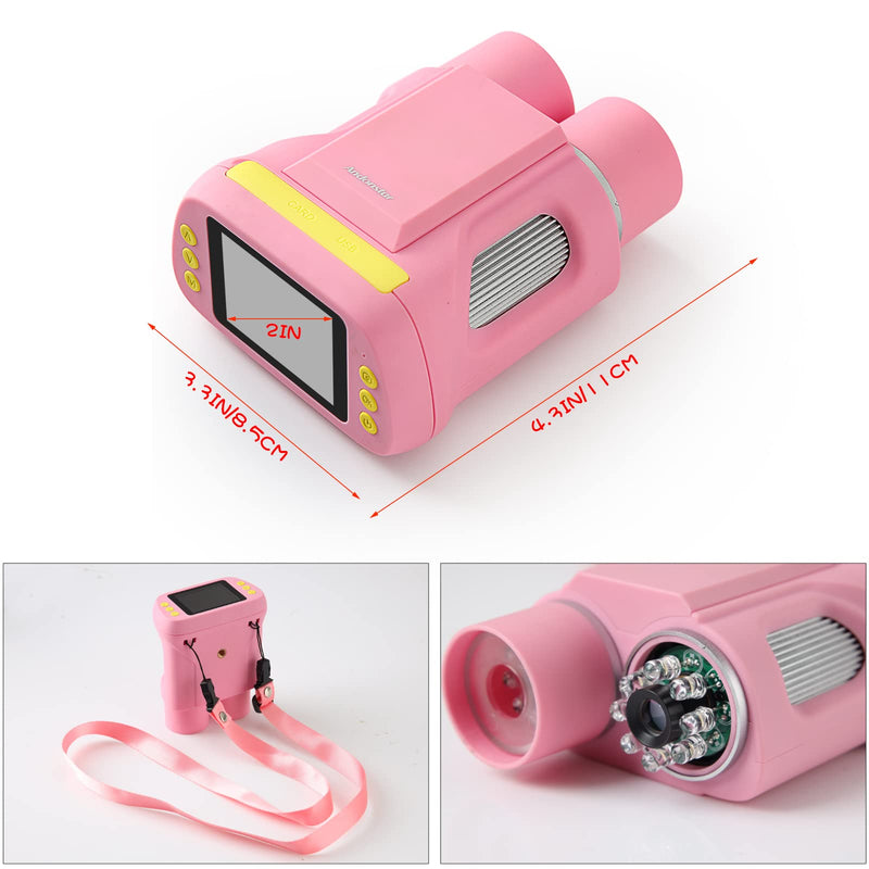 Digital Microscope Telescope, 2inch Screen 720P Children's Camera with Portable Stand, 32GB SD Card, Mini Electronic Binoculars, Compatible with Windows, Mac,Suitable for Bird Watching, Camping (Pink)