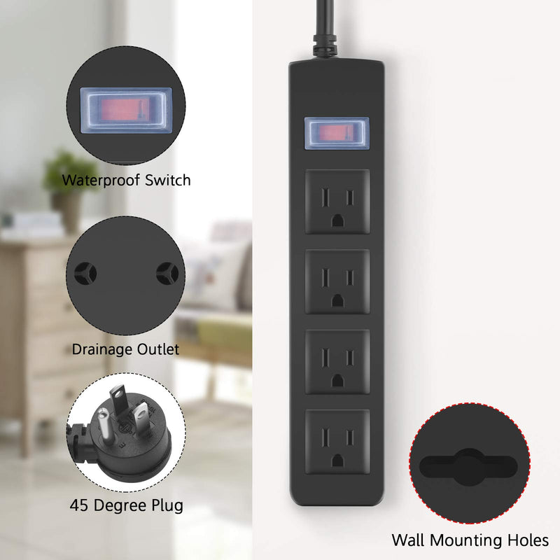 Outdoor Power Strip Waterproof with 4 Outlet, Garden Weatherproof 1700J Surge Protector, Christmas Multiple Outlet Exterior Socket for Lighting Appliances. 6FT Extension Cord Strip with Flat Plug. 4 Outlets