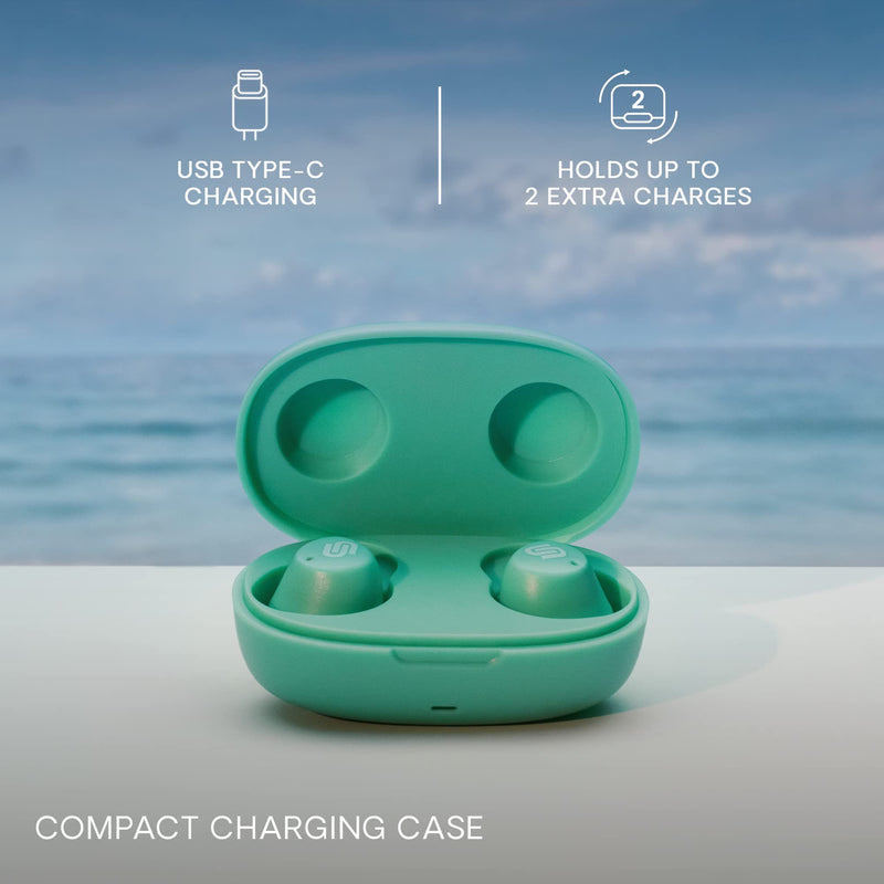 Urbanista Lisbon Wireless Earbuds, Bluetooth 5.2 Enhanced Small Headphones, Touch Controls, 27 Hr Playtime, USB C Fast Charging Case, IPX Sweatproof Headphones for Running, Sports, Mint Green