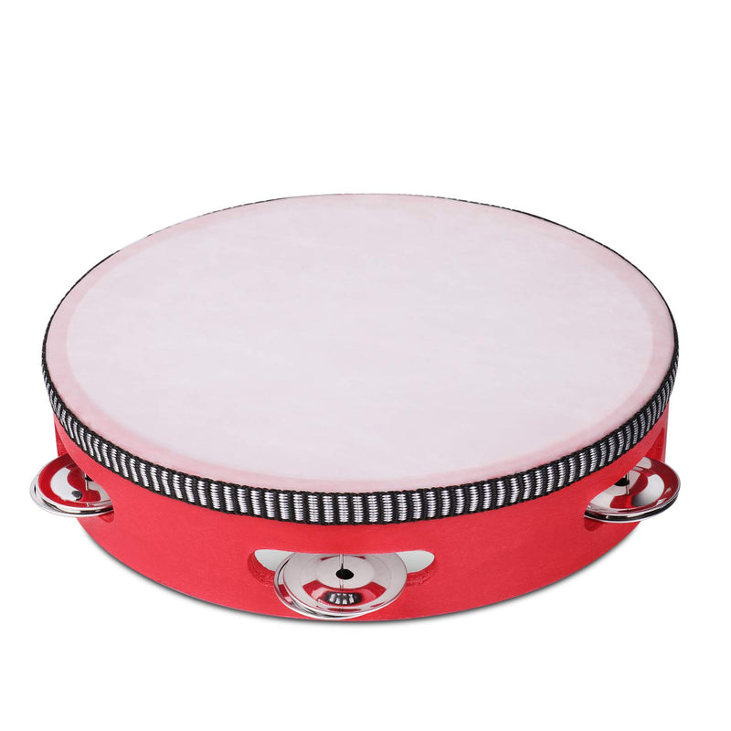 Flexzion Wood Handheld Tambourine 8" Inch Single Row 5 Pair Jingles (Red) - Hand Held Percussion Drum Moon Musical Tambourine with Ergonomic Handle Grip for Kids Adults Classroom Gift KTV Party 8 Inch Single Row - Red