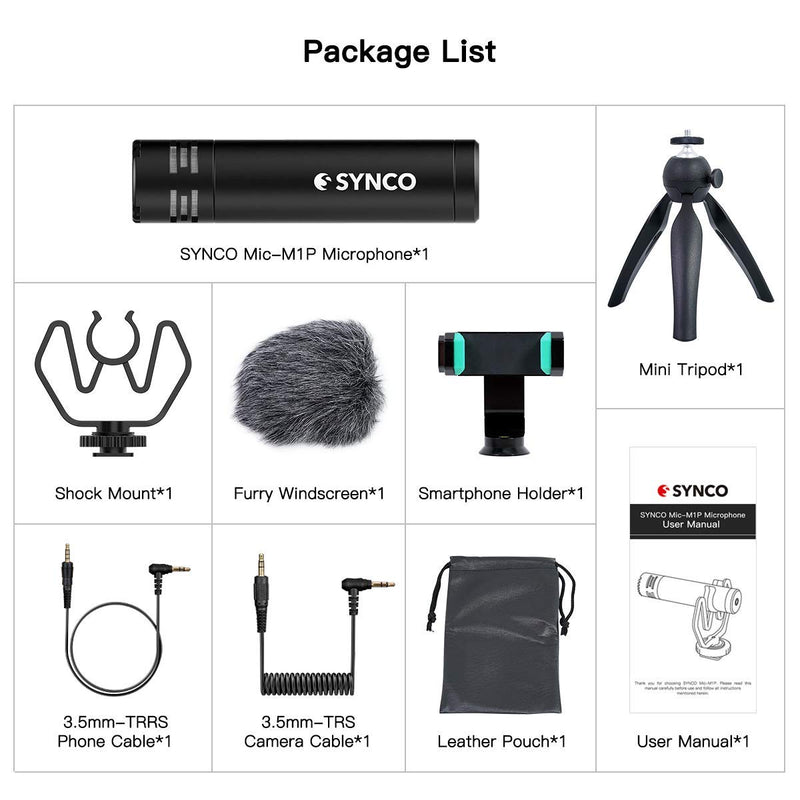 [Official] SYNCO M1P Microphone with Tripod for Smartphone, Video Shotgun Cardioid Mic Tripod Rig Holder Kit for iPhone Samsung Huawei Black