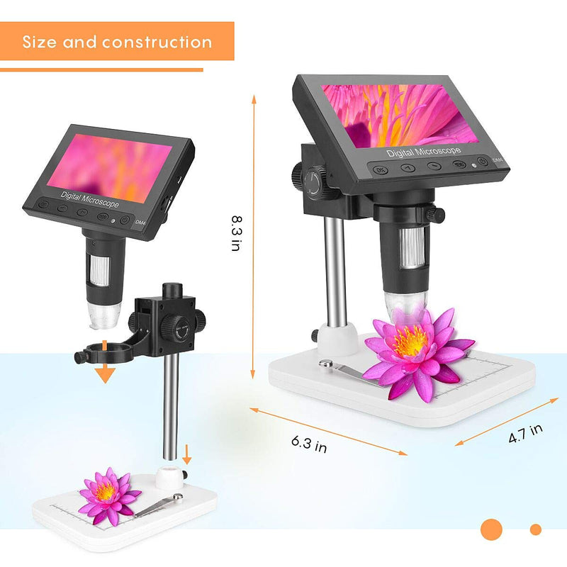 LCD Digital Microscope, Amoper 4.3 inch Coin Microscope 10X-600X Magnification Video Camera Recorder with Rechargeable Battery for Adults Repair Soldering Jewelry Kids Outside Use