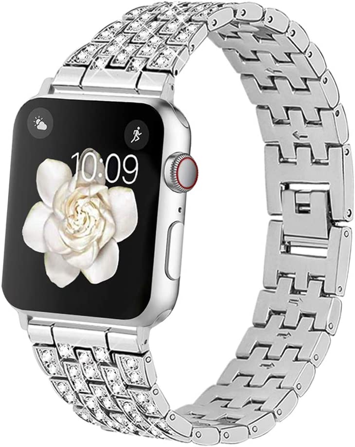 Goton Band Compatible with Apple Watch Band 44mm 42mm , Women Beads Link Crystal Bling Stainless Metal Replacement Strap for iWatch Band Series SE 6 5 4 3 2 1 (Silver, 44mm 42mm) Silver 44/42mm