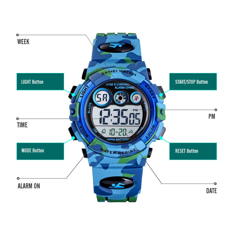 Tephea Kids Watch Digital Watch Boys Military Colorful LED Display Waterproof Sports Watches for Kids with Alarm Stopwatch Dark Blue