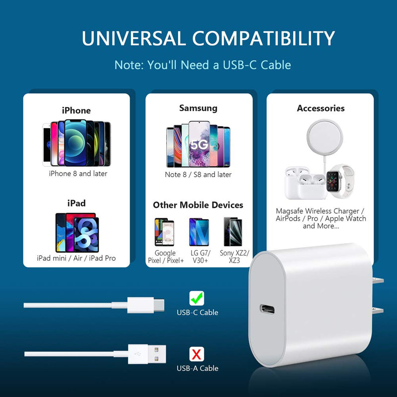 USB C Charger, Yootech 20W Compact Fast Charger Block, USB C Wall Charger Compatible with iPhone 12/12 Pro/12 Mini/12 Pro Max/MagSafe, Galaxy S21/S20,Pixel 4/3,iPad Pro,AirPods Pro and More White