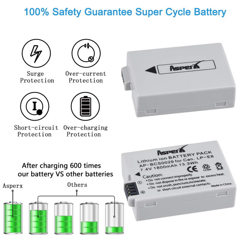 Asperx LP-E8 Battery 2 Pack and Fast Dual Charger Set Compatible with Canon EOS Rebel T2i, T3i, T4i, T5i, EOS 550D, 600D, 650D, 700D, Kiss X4, X5, X6, LC-E8E Digital Camera