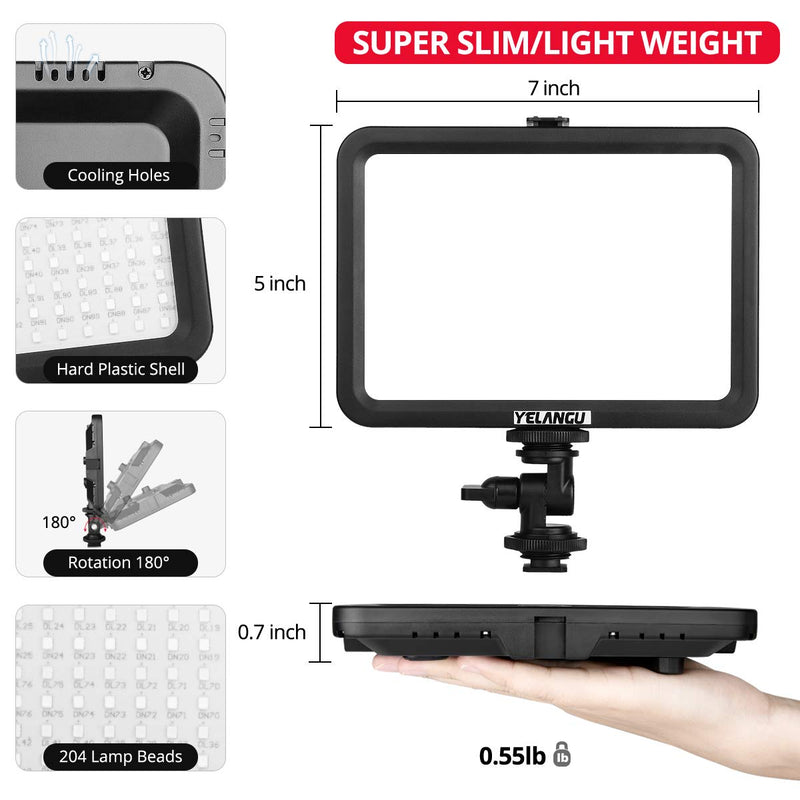 Camera Lighting-YELANGU LED Video Light:Adjustable Bi-Color Dimmable 3300K-5600K Light Panel, 204 Beads CRI95+ Lighting for Cameras Photography(with NP-F550 Battery and DC Adapter)