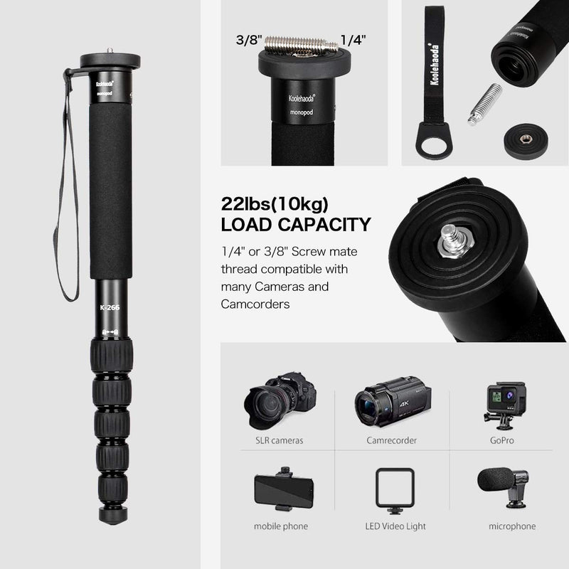 koolehaoda 6-Section Monopod Compact Portable Photography Aluminum Alloy Unipod Stick, Max. Load 10kg / 22lbs, Folding Size is only 15-inch (K-266 Black) K-266 black