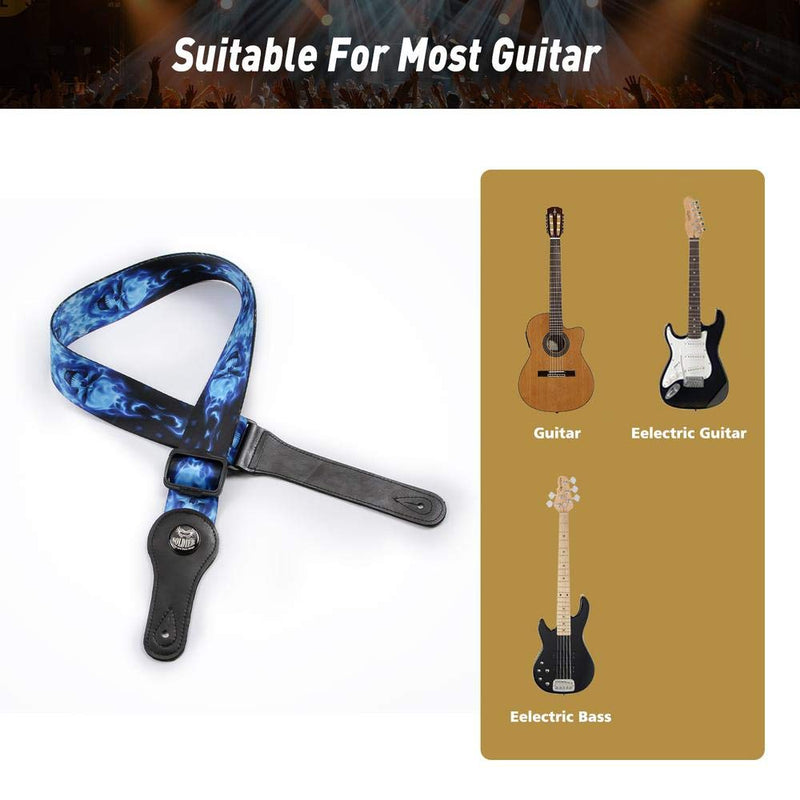 Guitar Strap with Leather Ends Adjustable Polyester Sling for Bass, Electric, Acoustic Guitars Unique Blue Skull Pattern