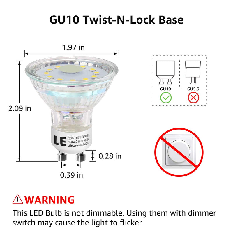 LE GU10 LED Light Bulbs, 50W Halogen Equivalent, Non Dimmable, 5000K Daylight White Natural Light, LED Bulb Replacement for Recessed Track Lighting, 3W 350lm 120° Flood Beam Angle, Pack of 6