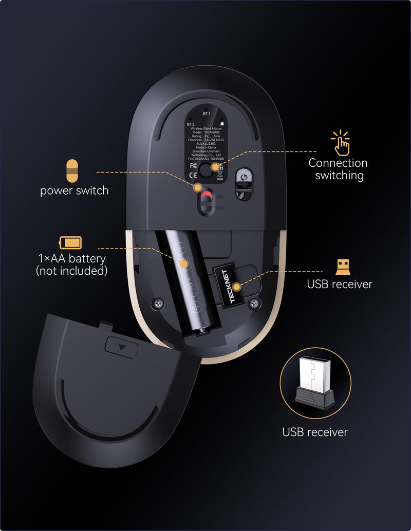 TECKNET Wireless Bluetooth Mouse, 3 Mode(Dual USB+2.4Ghz) Silent Computer Mouse Bluetooth Compatible with Chromebook MacBook Pro Air, Ambidextrous Portable Wireless Mouse for Laptop PC - Black Gold