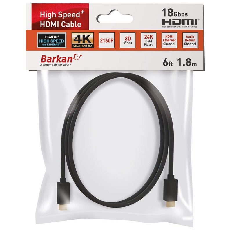 Barkan 6ft High Speed HDMI Cable 4K Ultra HD 60Hz 3D Video 24K Gold Plated Head Black, HD18E1