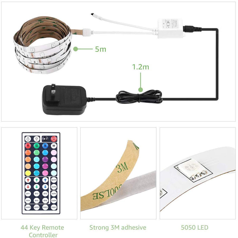 LE LED Strip Lights, 16.4ft RGB 5050 LED Strips with Remote Controller, Color Changing Tape Light with 12V Power Supply for Room, Bedroom, TV, Kitchen, Desk