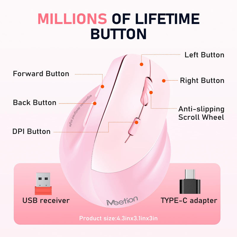 MEETION Ergonomic Mouse, Wireless Vertical Mouse RGB Backlit Rechargeable Mice for Bluetooth(5.2 + 3.0) & USB-A with Type-c Adapter 4 Adjustable DPI Compatible Mac/Windows/Andriod/PC/Tablet/iPad Pink Right-Handed