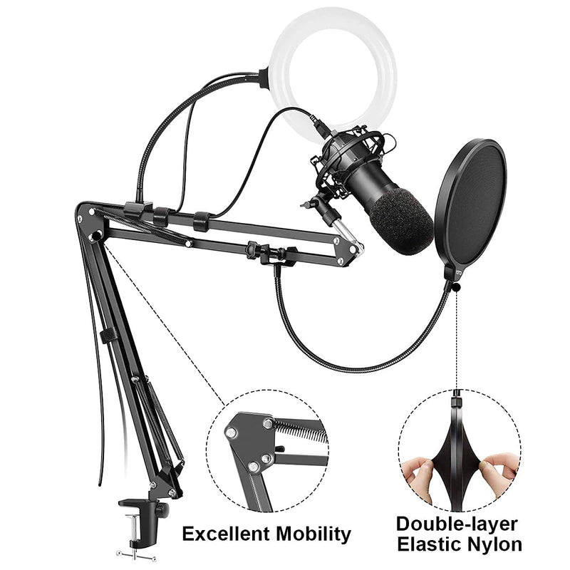 Microphone Arm Stand, Adjustable Suspension Boom Scissor Mic Stand with Pop Filter, 3/8" to 5/8" Adapter, USB LED Ring light, Upgraded Heavy Duty Clamp for Nano Snowball Ice and Other Mics